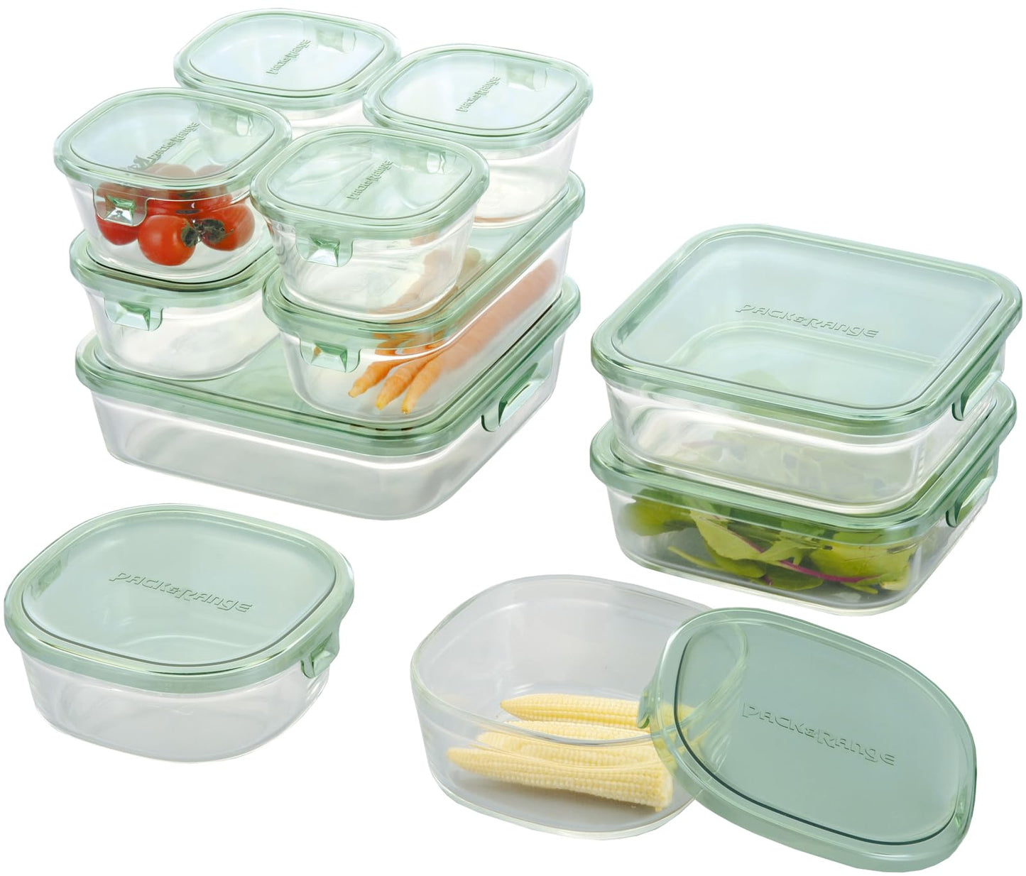 iwaki PS-PRN-11G Heat-resistant Glass Storage Containers, Green, Set of 11, Pack & Range