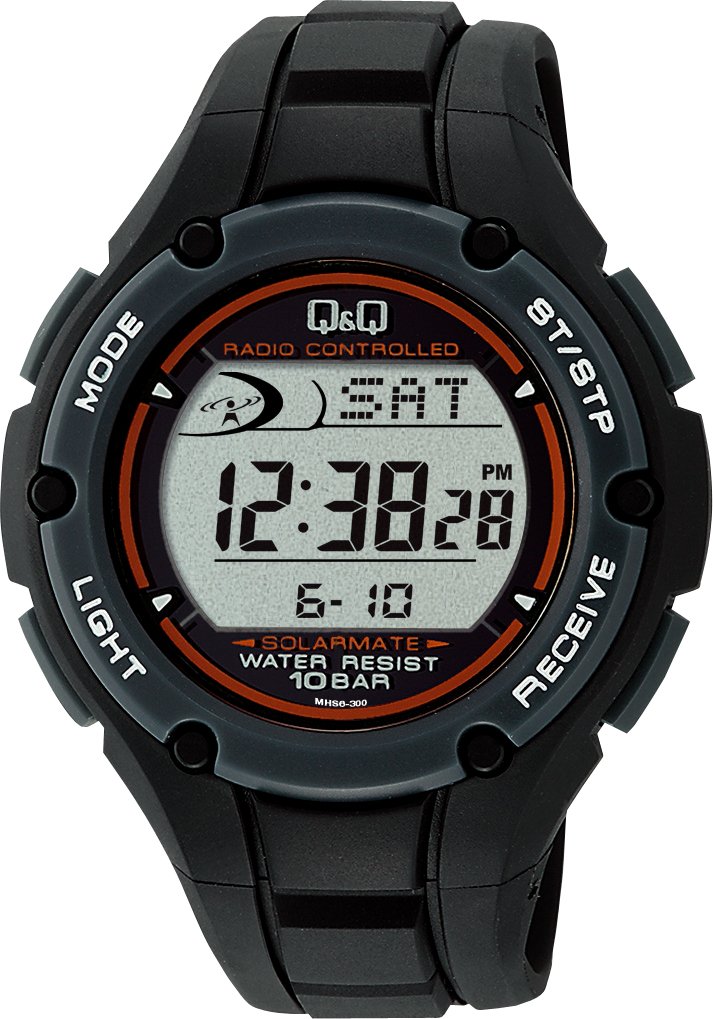 Citizen Q&Q MHS6-300 Men's Digital Wristwatch, Radio, Solar, Waterproof, Date, Urethane Strap, Black, Black, Watch