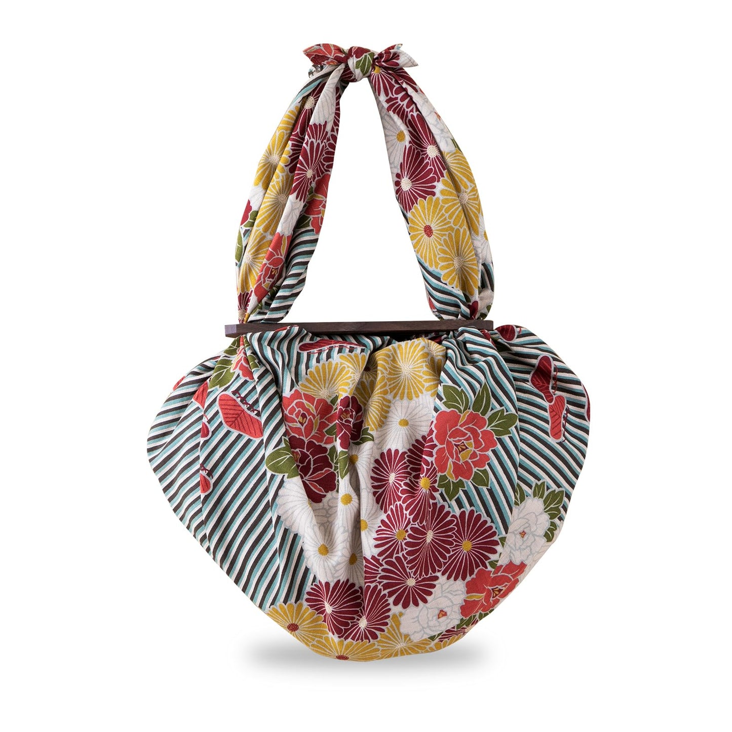 NOREN Furoshiki Wrapping Cloth Bag and Handle Set (Retro Flower Blue Line / 39.4 inch) Handbag Japanese Tote Bag Reusable Folding Bag with Pockets/Made in Japan 100% Cotton Japanese Kimono Desigh