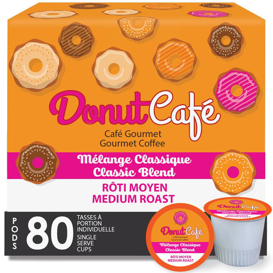 Donut Café - Coffee Gourmet Pods, Classic Blend, Medium Roast – Non-GMO, Gluten Free – Compatible with Keurig K Cup Brewers – Smooth & Delicious – 80 Count