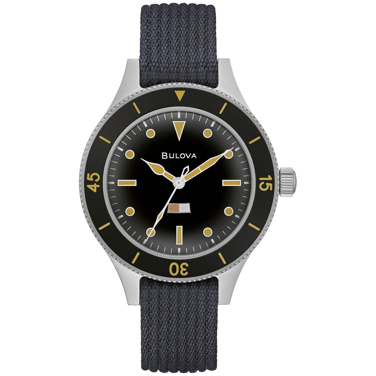 Bulova Men's Archive Series MIL-SHIPS-W-2181 Stainless Steel 3-Hand Hack Automatic Watch, Grey Nylon Strap and Black Matte Dial Style: 98A266