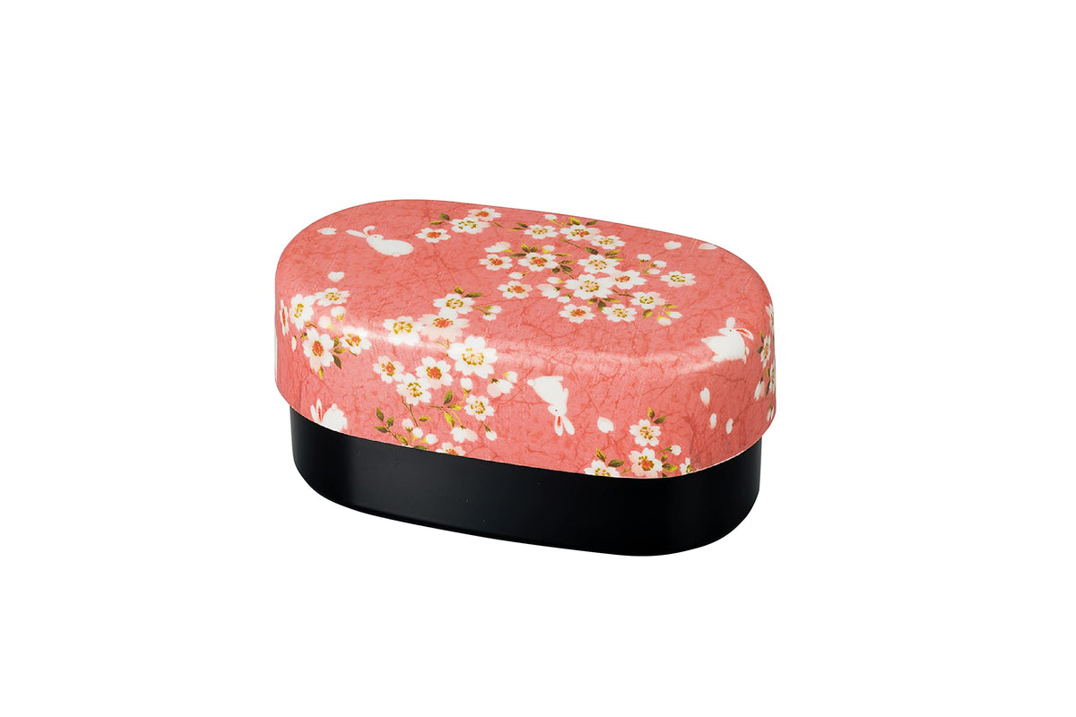 Tatsumiya 830 30248 Cherry Blossom Rabbit Cloth Covered Oval Bento Box, Pink, 7.0 x 3.8 x 3.5 inches