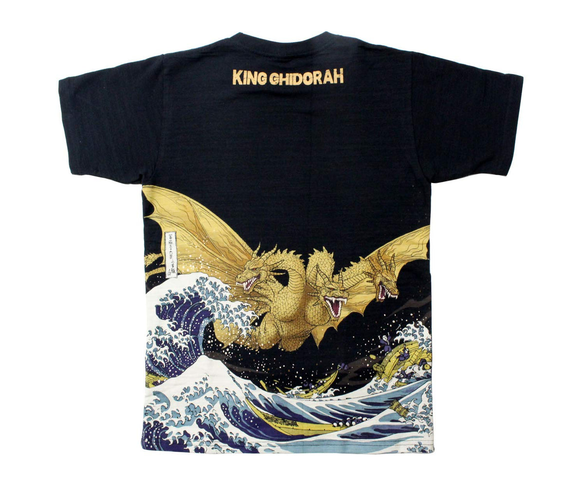 Folcart Godzilla T-Shirt King Ghidorah Ukiyoe Japanese Traditional Japan Limited Black (XL)