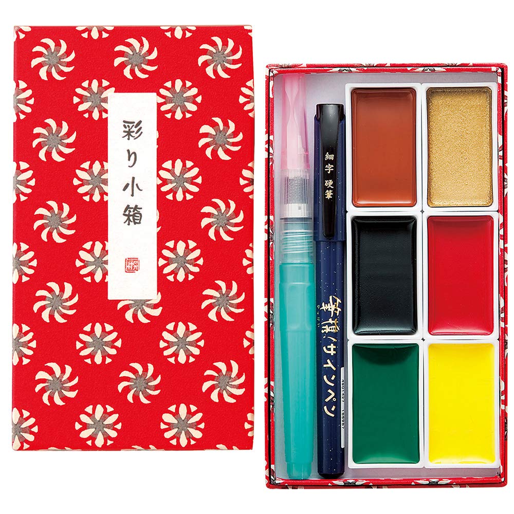 Kuretake IRODORI KOBAKO Red, Gansai Tambi 6 colors set, Handcrafted, Professional-quality pigment inks for artists and crafters, AP-Certified, Blendable, Show up on dark papers, Made in Japan