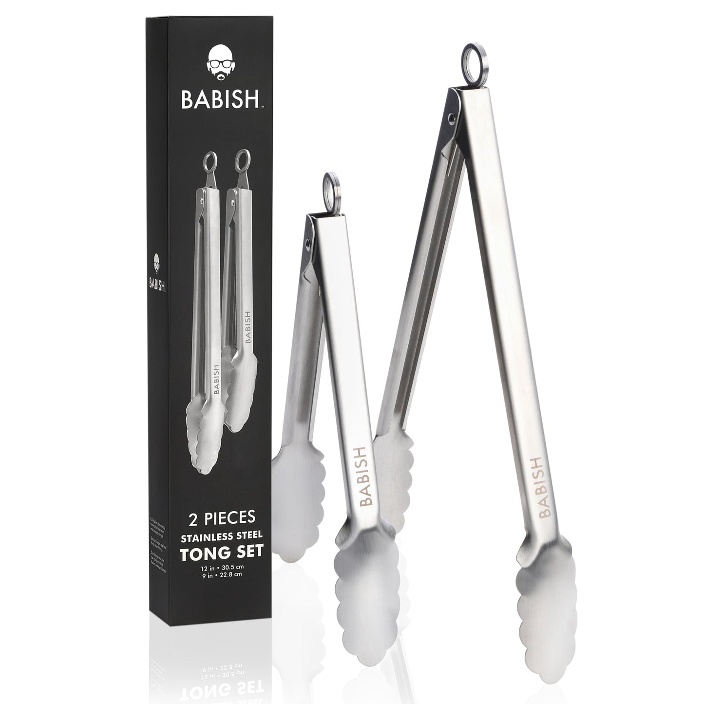 Babish 2-Piece Locking Kitchen Tongs Set – 12” & 9” Stainless Steel Cooking Tongs with Non-Slip Grip – Heavy-Duty BBQ, Grilling & Serving Tools