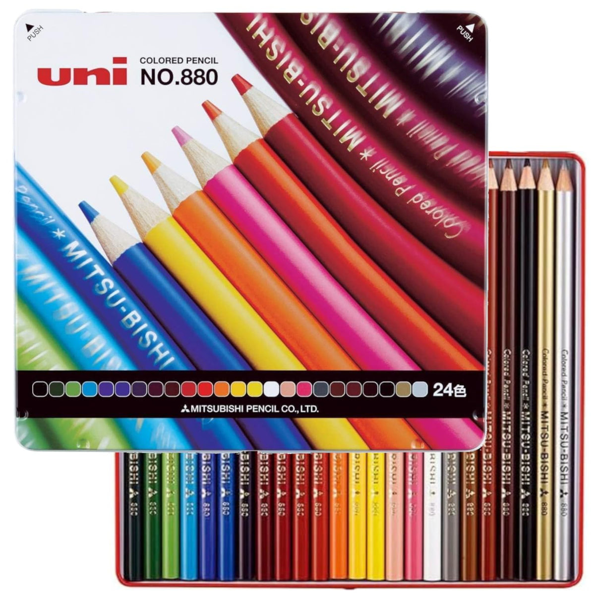 Mitsubishi Pencil K88024CP Colored Pencils, 880, 24 Colors, Height 7.4 x Width 7.8 x Thickness 0.5 inches (187.0 x 199.0 x 12.0 mm)