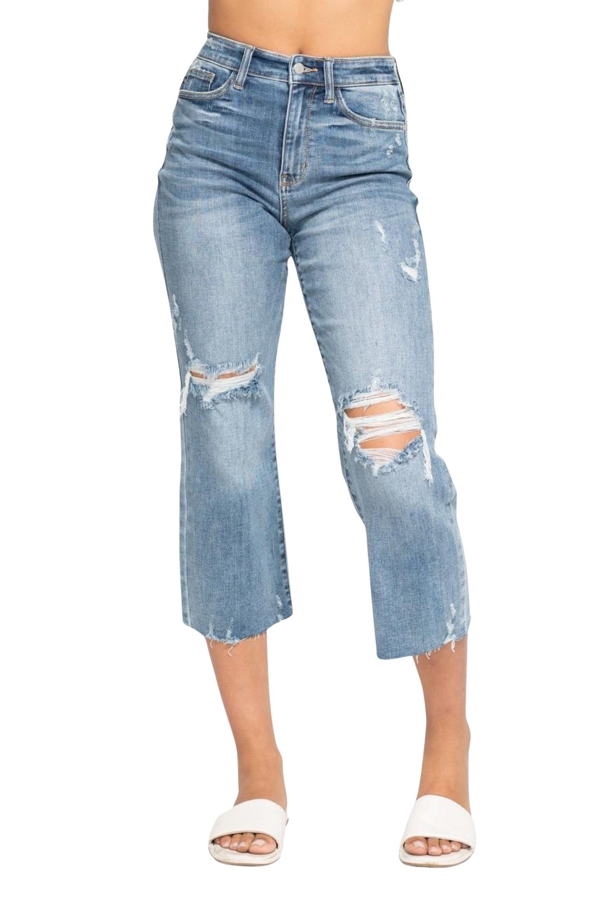Judy Blue Women's High Waist Destroy Wide Leg Crop Jeans (Light Blue, 18W)