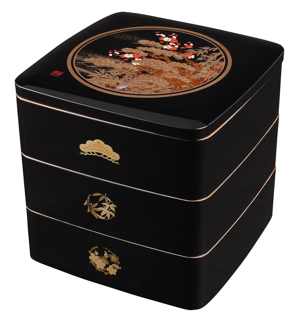まえじゅう漆器 Maeju Lacquerware Matsutake Plum 6.0 3-Tier (B) 7R-615