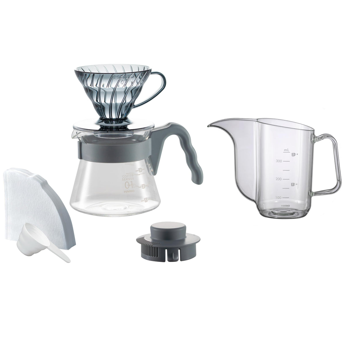 HARIO V60 Color Brew with Kettle for 1-2 Cups Hand Drip Set, Heat Resistant Glass Server, Measuring Spoon, 40 Sheets Paper, Recipe Book with Kettle, Urban Gray VCSDA-01-20CP-UG