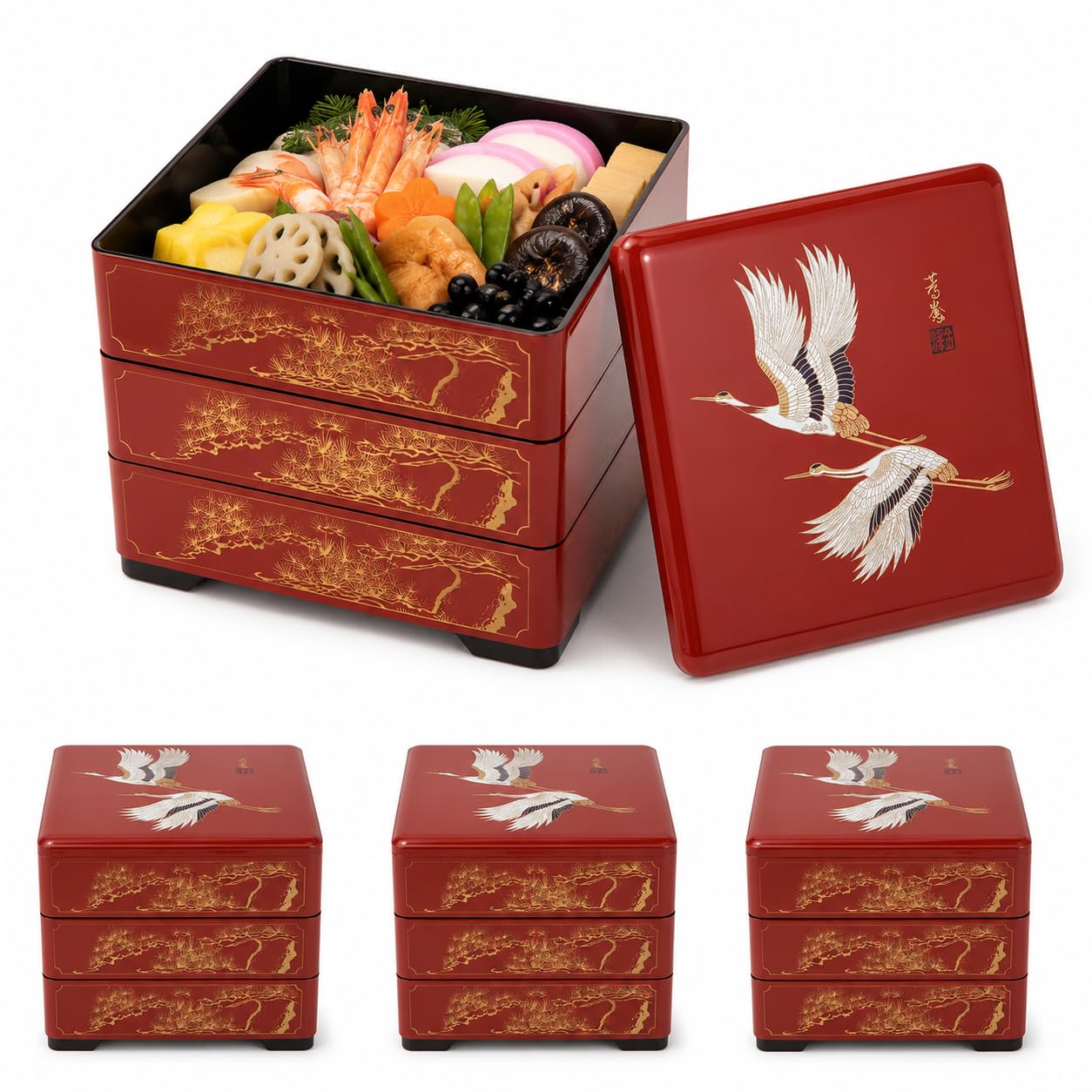 JapanBargain 4118, Jubako Boxes Japanese Traditional 3 Tiers Stack Boxes Food Candy Snack Container Bento Box Made in Japan, Plastic Lacquered, Red Crane, 4-Pack