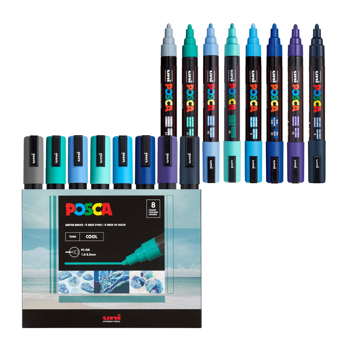 uni POSCA PC-5M Water-Based Paint Markers, Reversible Medium Tip (1.8-2.5mm), Cool Tone, 8 Pack