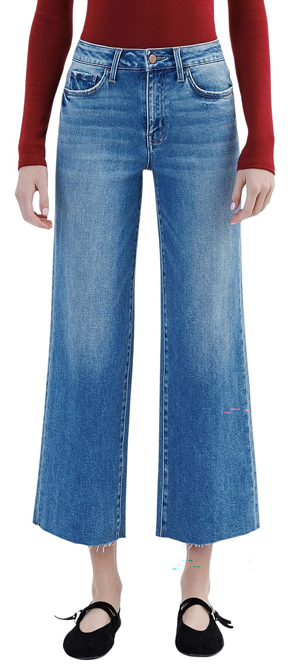Flying Monkey Women's High Rise Raw Hem Crop Slim Wide Jeans (Jubilation, 30)