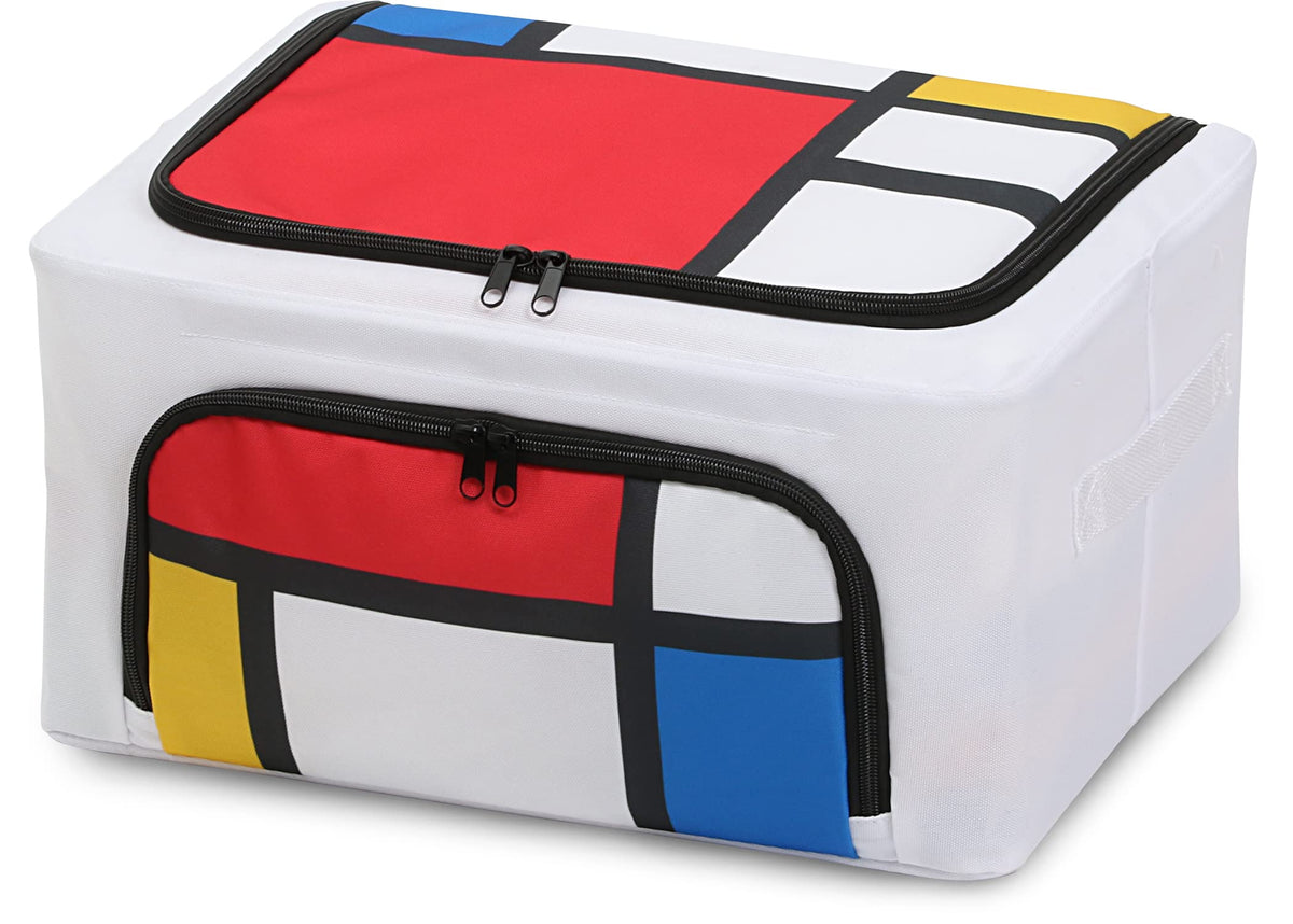 ASTRO Clothes Storage Bag, Clothes Storage Bins Foldable Closet Organizers with Wire, Zipper, Top and Front Bins for Sweaters, T-Shirts, Blankets, Red Yellow White Blue, Artwork, Piet Mondrian Style
