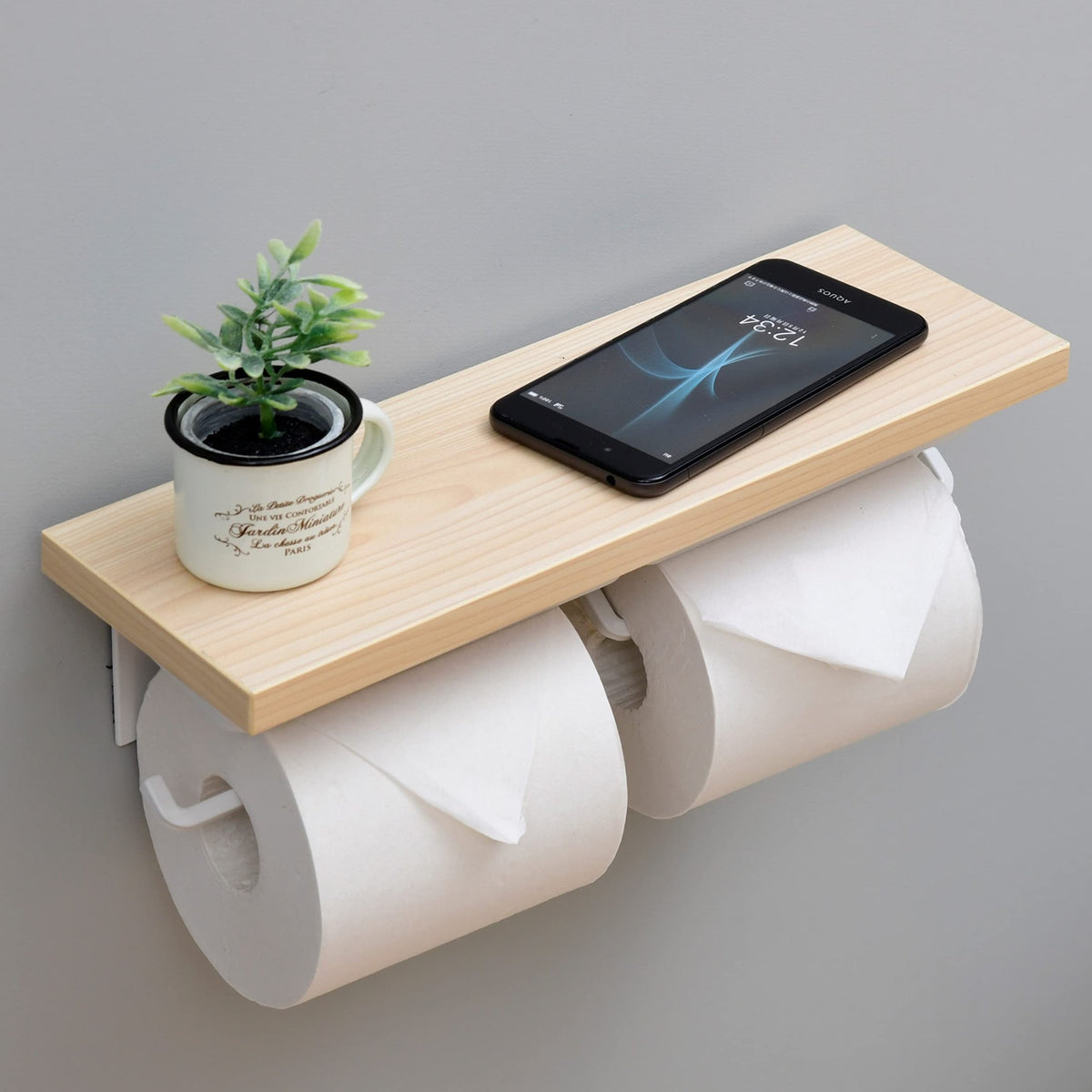 Yamazen RPH-W (WN/MWH) Toilet Paper Holder with Shelf (Smartphone Stand/Interior) Double, Stain Resistant Tabletop, Easy Installation, Width 12.6 x Depth 4.3 x Height 3.5 inches (32 x 11 x 9 cm), Wood