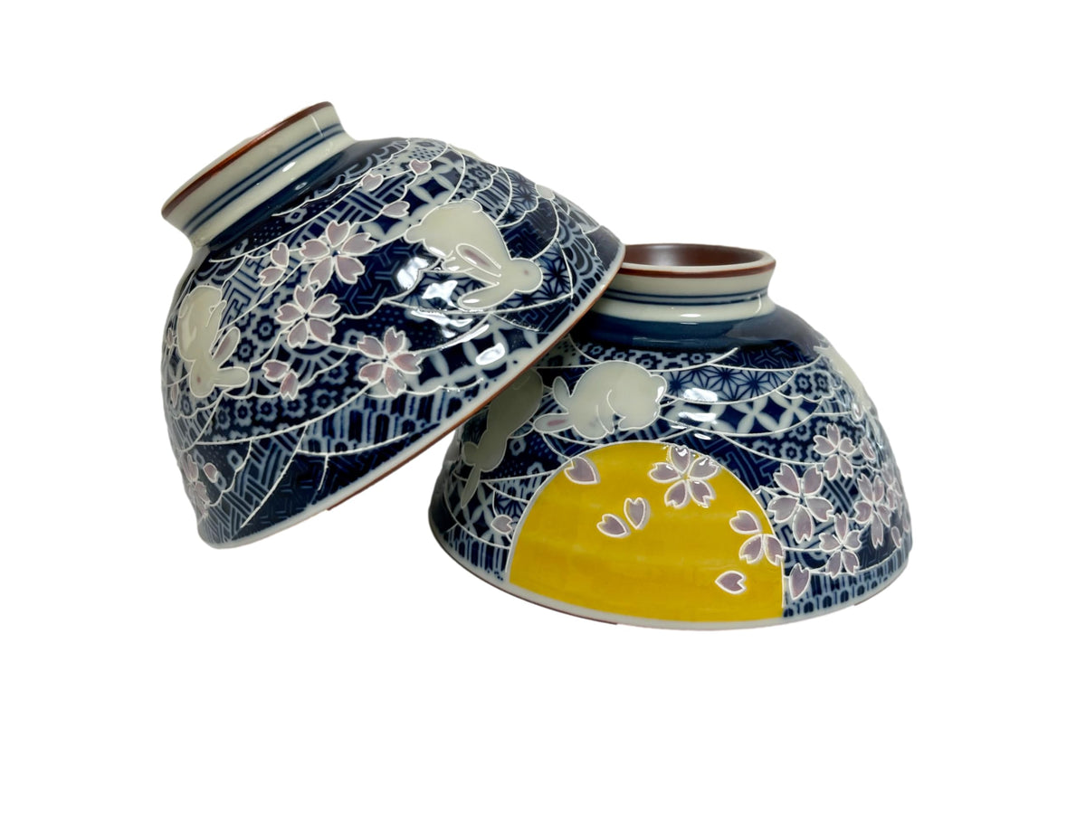 Japanese Mino Ware Ceramic Rice Bowl Set, Rabbits, Moon and Cherry Blossoms Pattern, 4.84 Inches Diameter x H2.6 Inches, 13.3 Fluid Ounces Set of 2 from Japan (Rabbits,Moon)