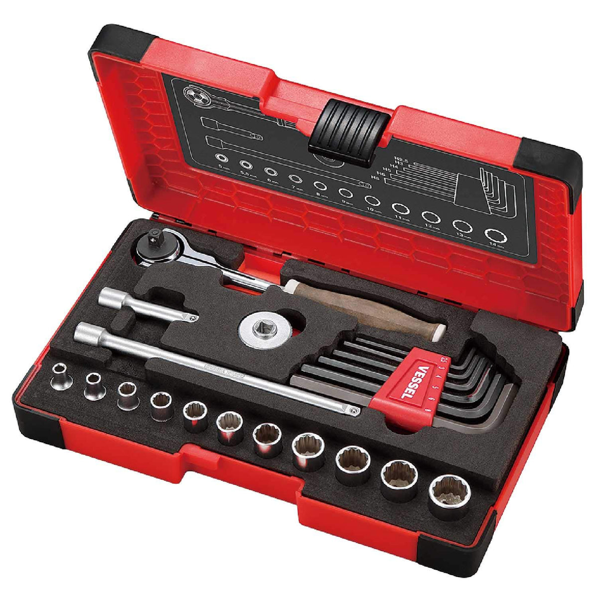 VESSEL Swivel Socket Wrench Set 1/4" (6.35mm) - Wood-Compo HRW2004M-SW Non-Slip Handle (21 pcs)