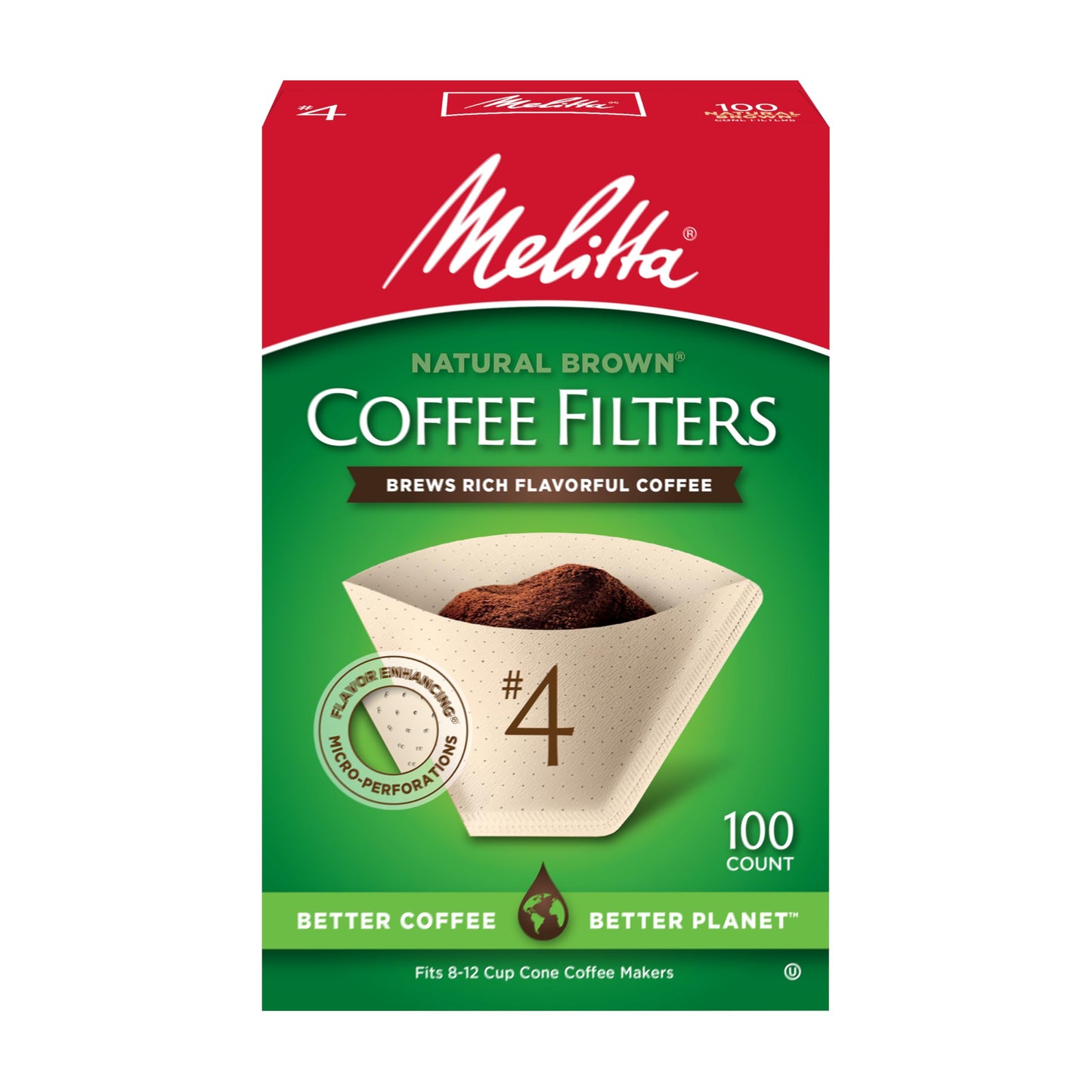 Melitta #4 Unbleached Coffee Filters, Premium, Natural Brown, Flavor Enhancing Coffee Filters for 8-12 Cup Coffee Makers, Kosher Certified, Compostable, 100 Count (Pack of 1)