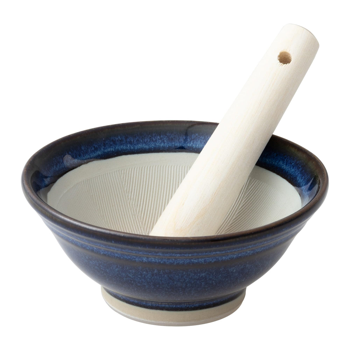 Motozai Pottery Ishimiyaki Mortar Pestle Set, Won't Scratch Your Table, Silicone, Bottom No. 4 (Diameter 4.7 inches (12 cm), with Pestle), Blue Namako, Non-Slip, Made in Japan