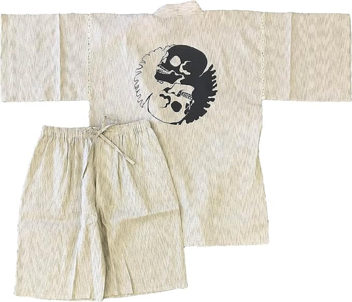 Edoten Men's Japan Kimono Shijira Original Jimbei XL. White Tomoe Skull