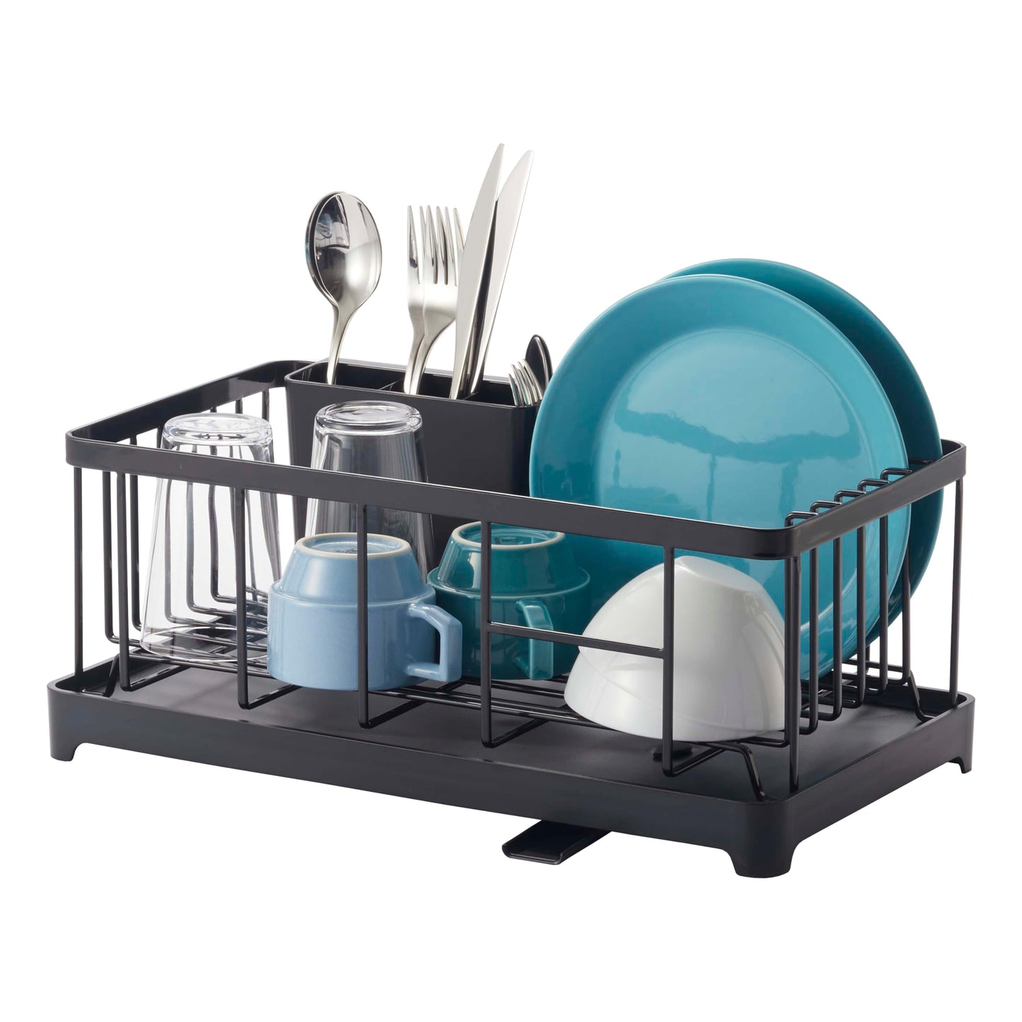 YAMAZAKI Home Wire Dish Drainer Rack with Removable Drainer Tray with Drainage Spout, Utensils Holder, Steel, Draining Spout, Water Resistant, No Assembly Req.