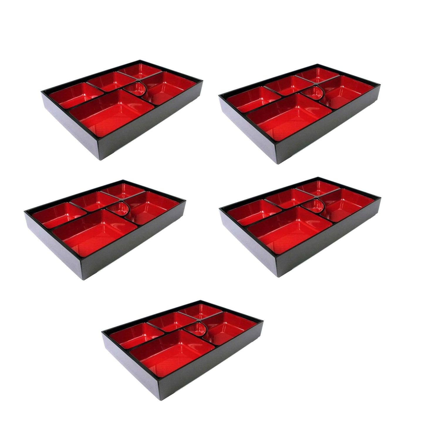 JapanBargain 1593, Large Lunch Bento Boxes 6 Compartments Tray and Plate Set Japanese Traditional Plastic Lacquered for Restaurant or Home, Made in Japan, Red Black Color, 14x10.5 inch, 5 Pack