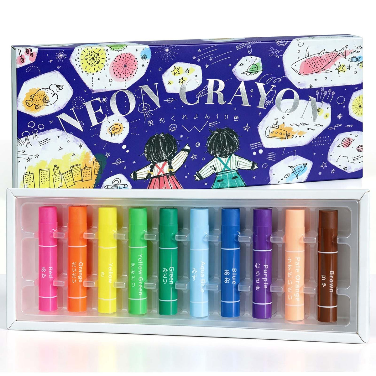 KOKUYO Neon Crayons, 10 Fluorescent Colors Set for Drawing and Coloring