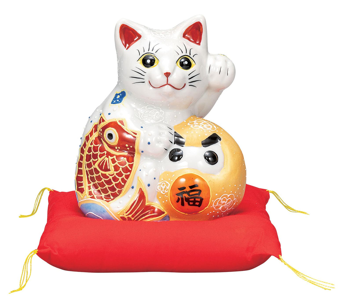 Kutani Ware K9-1640 Maneki Neko Figurine, Good Luck, Left-Hand, with Cushion, Height 6.1 inches (15.5 cm), No. 5 Celebrating Snamper, Daruma
