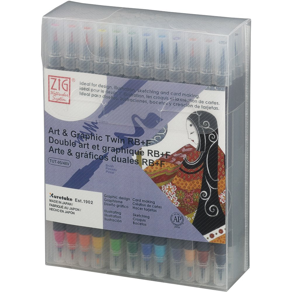 Kuretake ZIG ART & GRAPHIC TWIN RB+F 48 colors set, 0.8mm fine tip and Bristle brush tip, Ideal for design, illustration, Professional quality, AP-Certified, Odourless, Xylene Free, Made in Japan