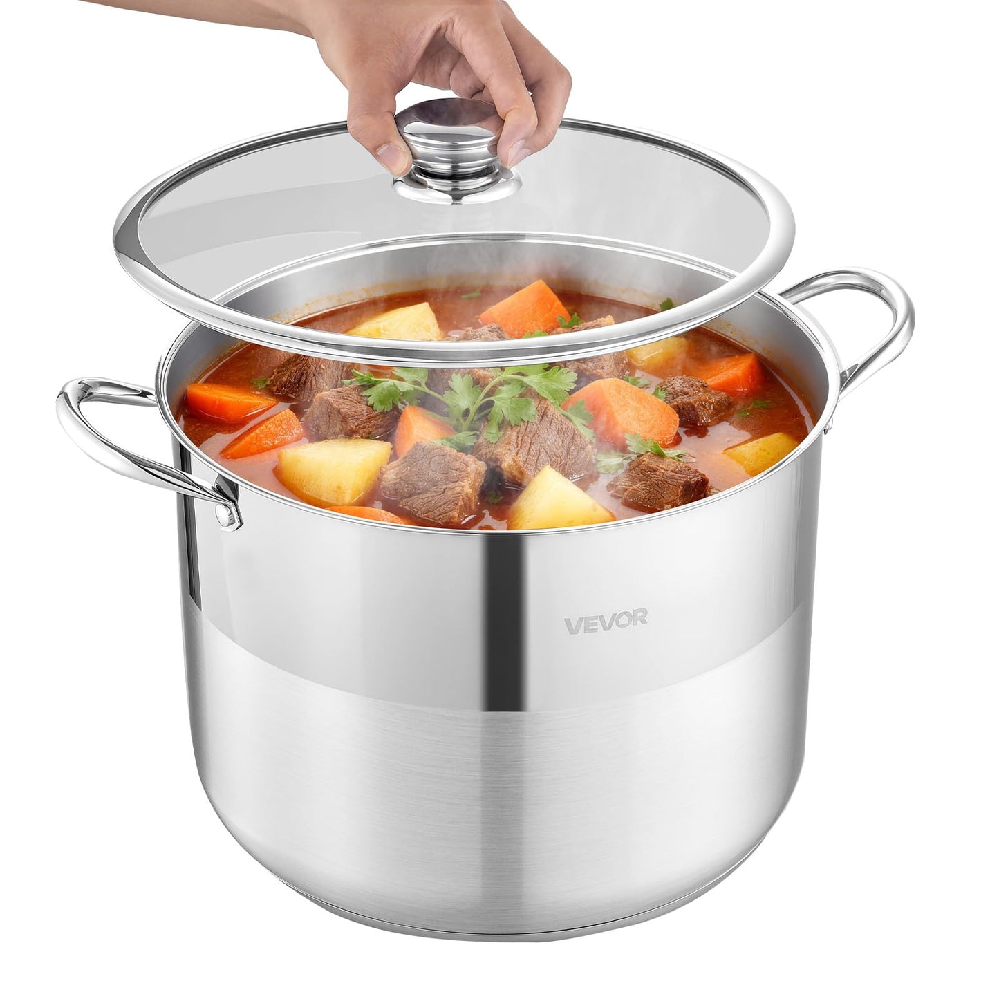 VEVOR Stainless Steel Stock Pot, 16QT Stainless Steel Stockpot with Glass Lid, PFOA-Free, PFAS-Free, Compatible with Gas Stoves, Induction Cooktops, Electric Stoves, for Soups, Stews, and Pasta