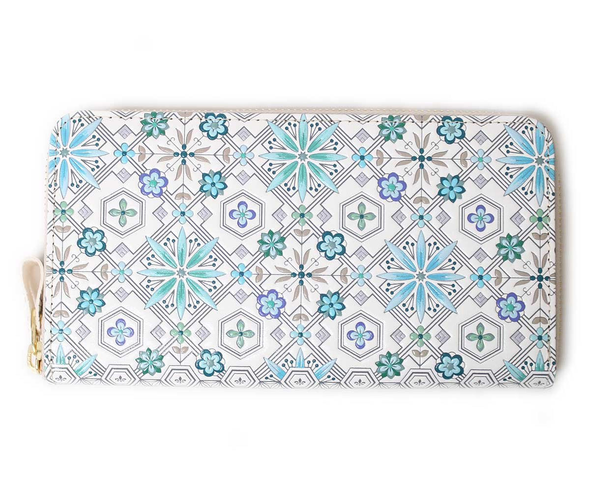 [浅草 Bunko Leather] 友禅染 Long Wallet 花菱 Hannah bisi Pattern 江戸, Wallet Purse Round Zipper raundozippu - -