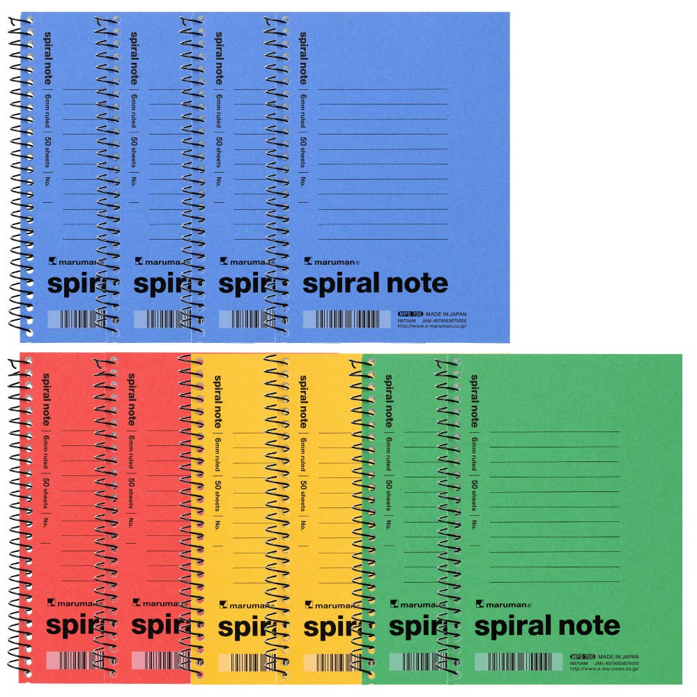 Maruman N670X10SET Spiral Ring Notebook, A6, Horizontal Ruled, 0.2 inch (6 mm), 10 Pieces, Assorted