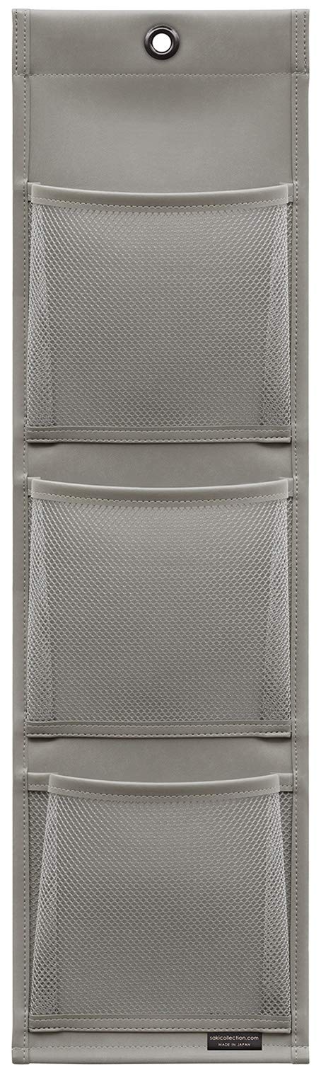 Sakura W-433 Wall Pocket, Gray, Approx. Width 6.3 x Height 22.6 inches (16 x 57.5 cm), Gusseted Postcard 3P, Synthetic Leather x Mesh