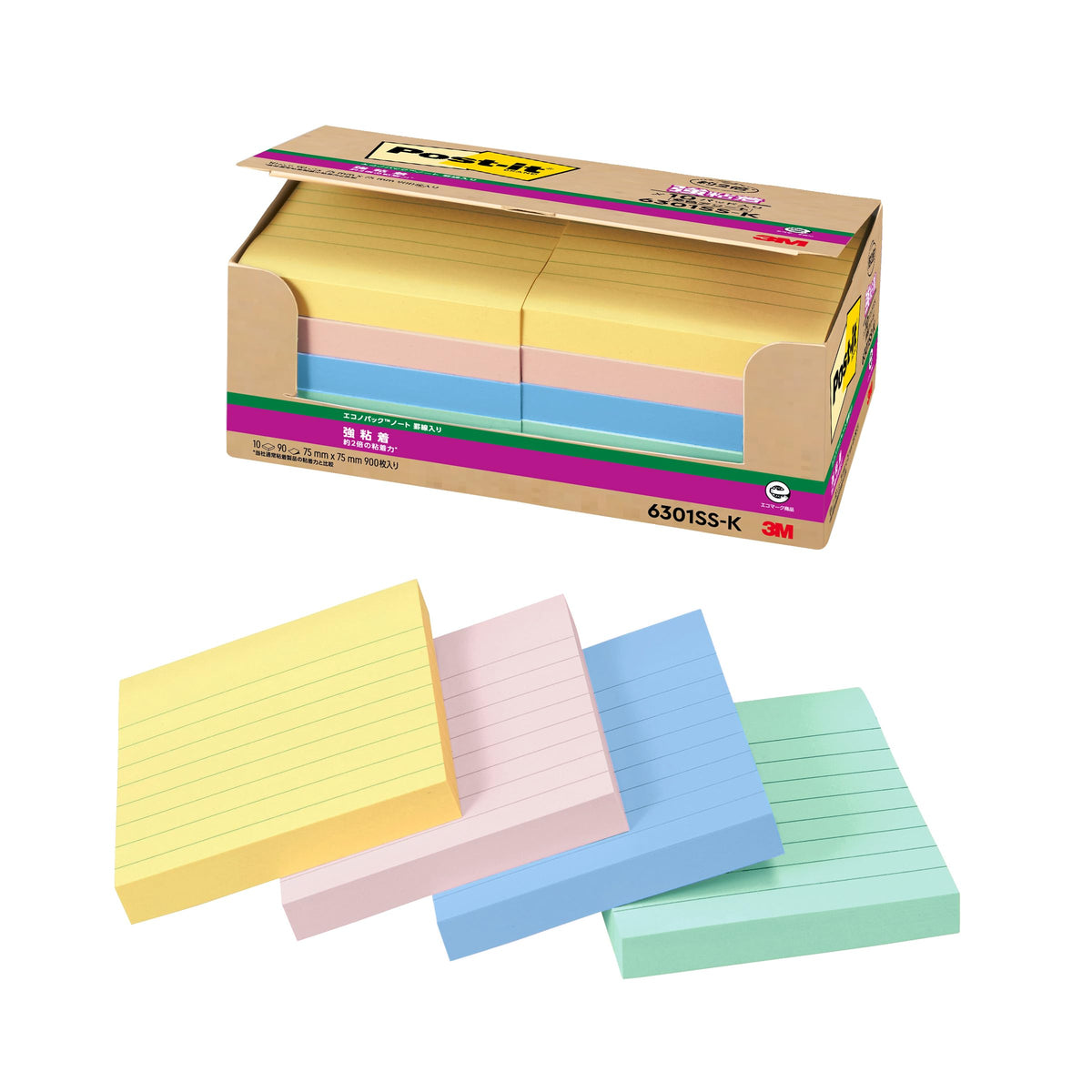 Post-it 6301SS-K Sticky Notes, Strong Adhesive, Ruled, Pastel Color, 3.0 x 3.0 inches (75 x 75 mm), 90 Sheets x 10 Sheets