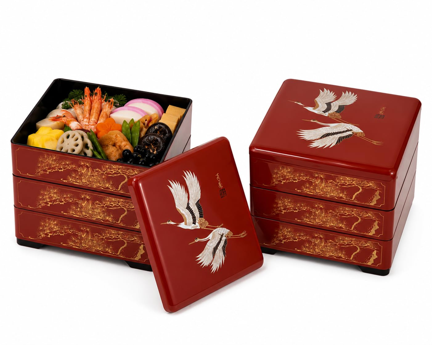 JapanBargain 4118, Jubako Box Japanese Traditional 3 Tiers Stack Box Food Candy Snack Container Bento Box Made in Japan, Plastic Lacquered, Red Crane, 2-Pack
