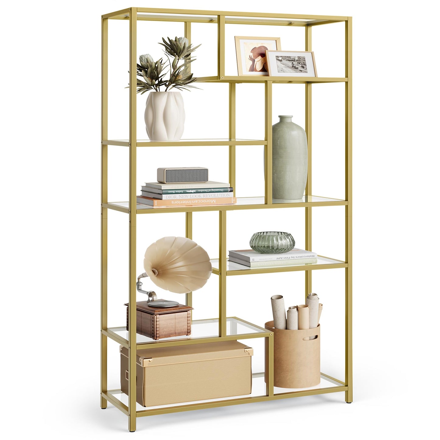 VASAGLE Bookshelf, 6-Tier Tall Bookcase, Display Shelf, Plant Stand, 11.8 x 31.5 x 70.9 Inches, Tempered Glass, for Study, Office, Living Room, Bedroom, Kitchen, Metallic Gold ULGT502A01