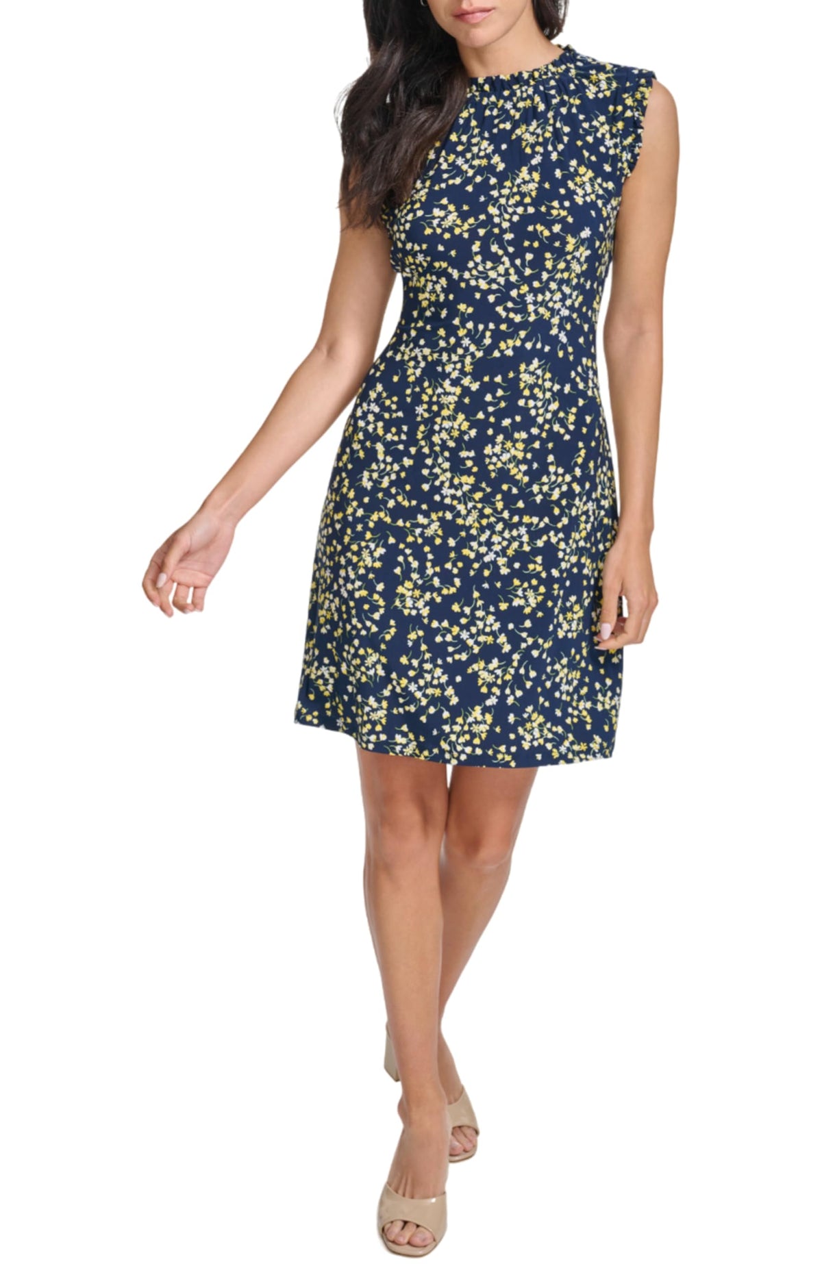 Tommy Hilfiger Women's Sleeveless Ruffle Neck Jersey Dress, Sky Captain/Sunshine, 2