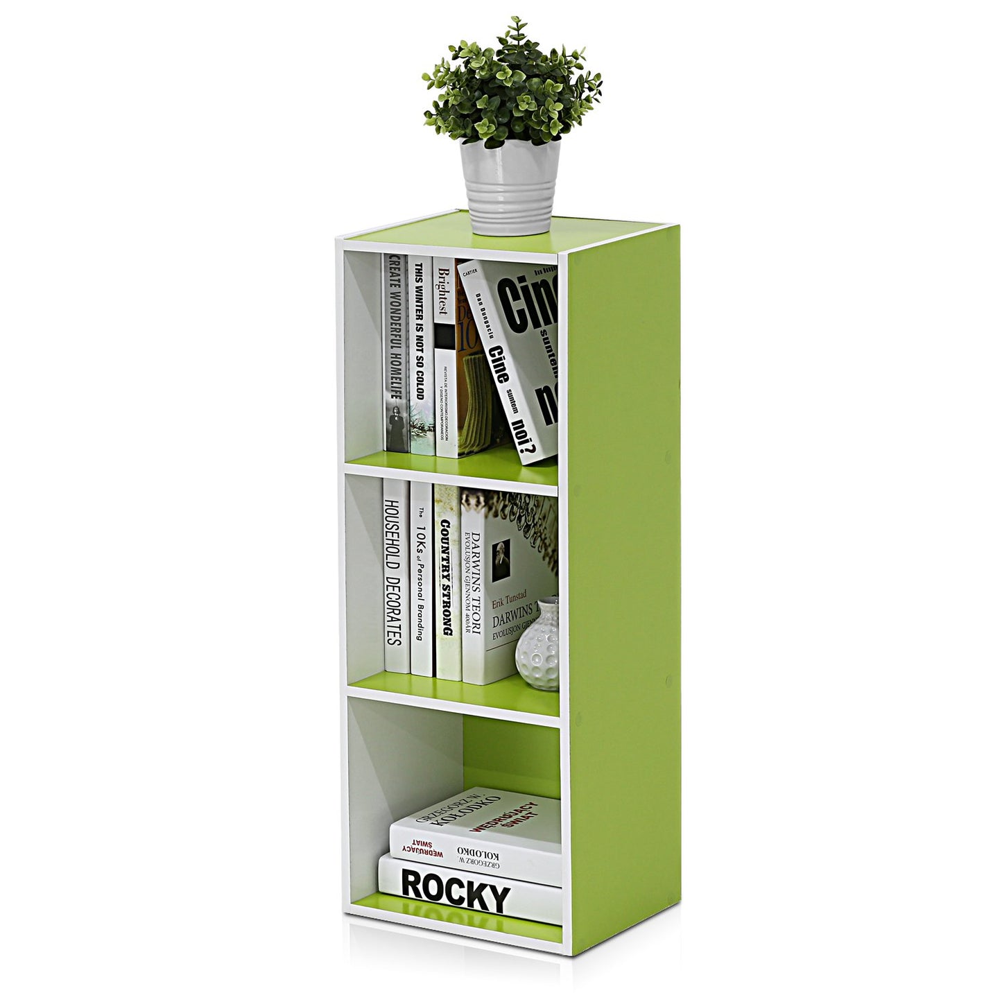 Furinno LUDER Book Shelf, 3-Cube Bookshelf, Bookcase with Open Shelves, 9.3 x 12 x 31.5, Easy Assembly, for Living Room, Bedroom, Home Office, White/Green