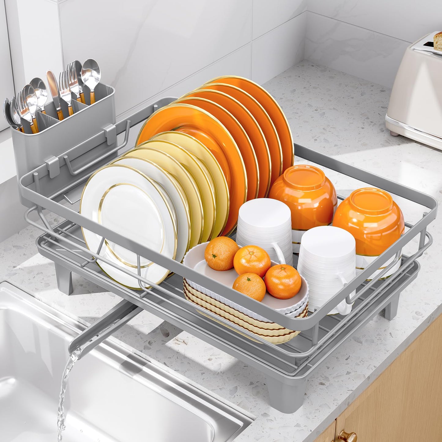 TOOLF Dish Drying Rack for Small Kitchen Counter with Utensil Holder, Gray