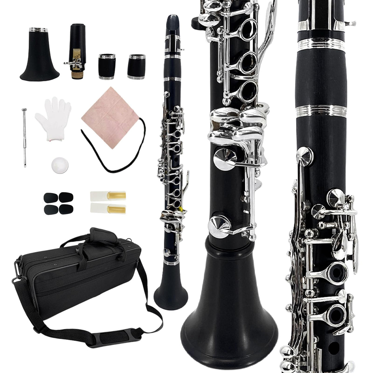 YoungMonic Ebonite Wood E Flat Clarinet with Nickel-Plated Keys for Orchestral Performance Professional Black E Clarinets with Padded Carry Box & Full Maintenance Kits(n1)