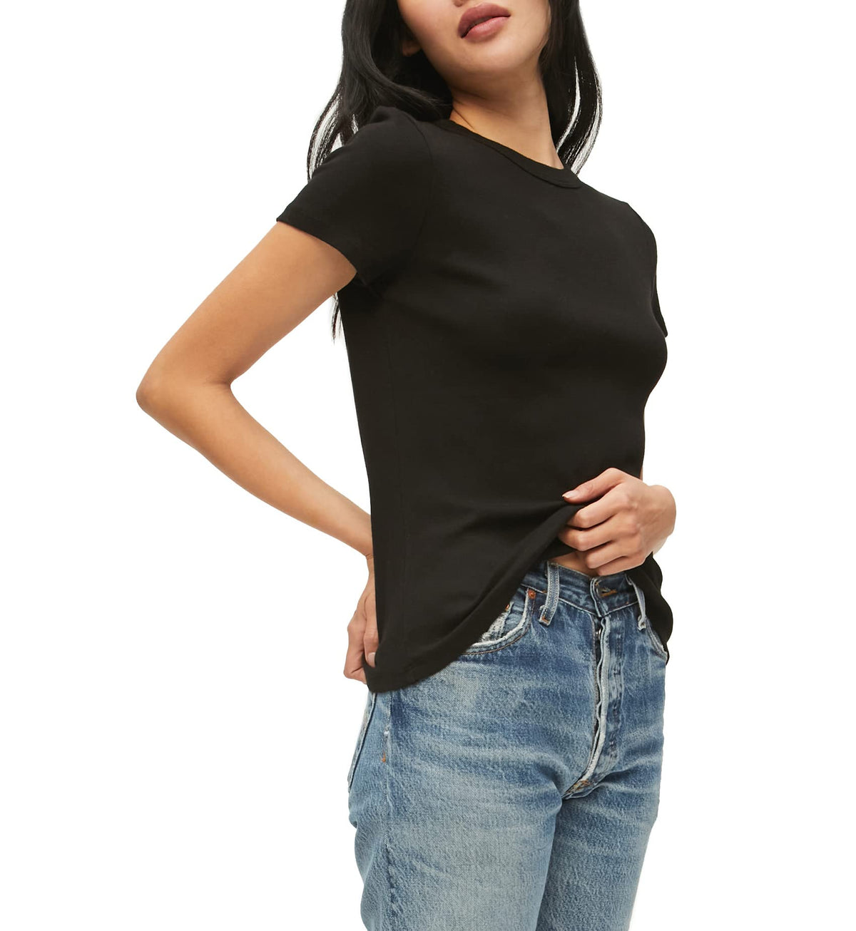 Michael Stars Womens Lexy Tee US One Size, Black, High Crew Neck, 100% Cotton