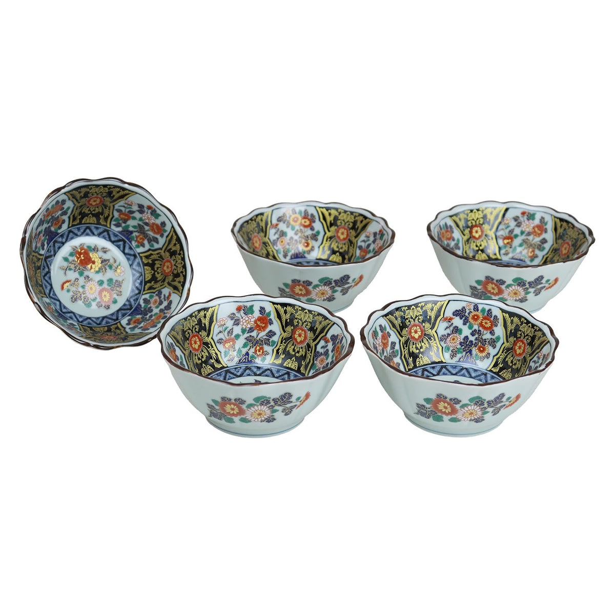 Yukui Romance Kuimari Style 5 Octagonal Small Bowls, Dyed Brocade Golden Crest, Gorgeous [Arita Ware, Made in Japan]