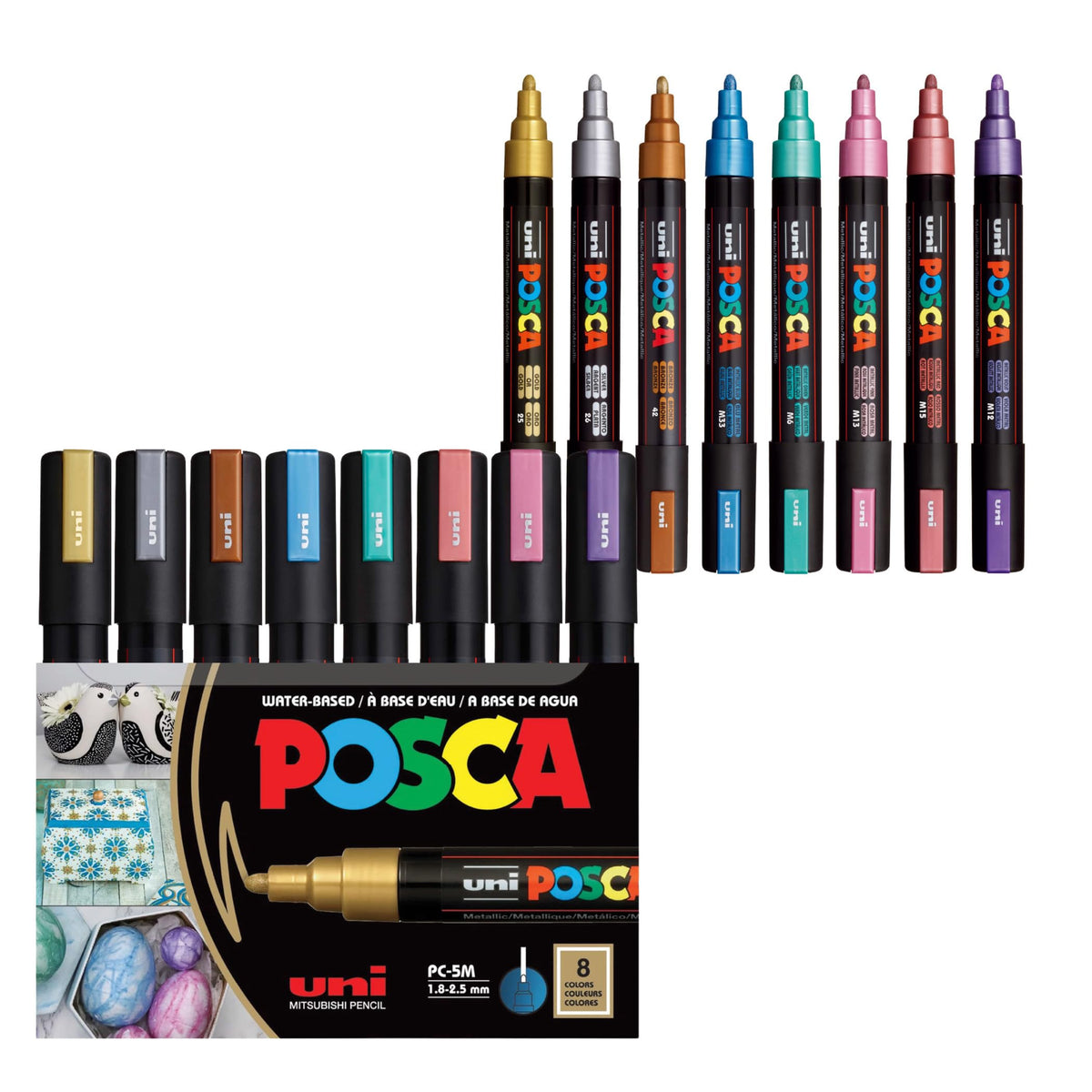posca Markers Set, 8 Medium Paint Markers 5M, Metallic Tones – Gold, Silver, Bronze, Blue, Green, Red, Pink, Violet