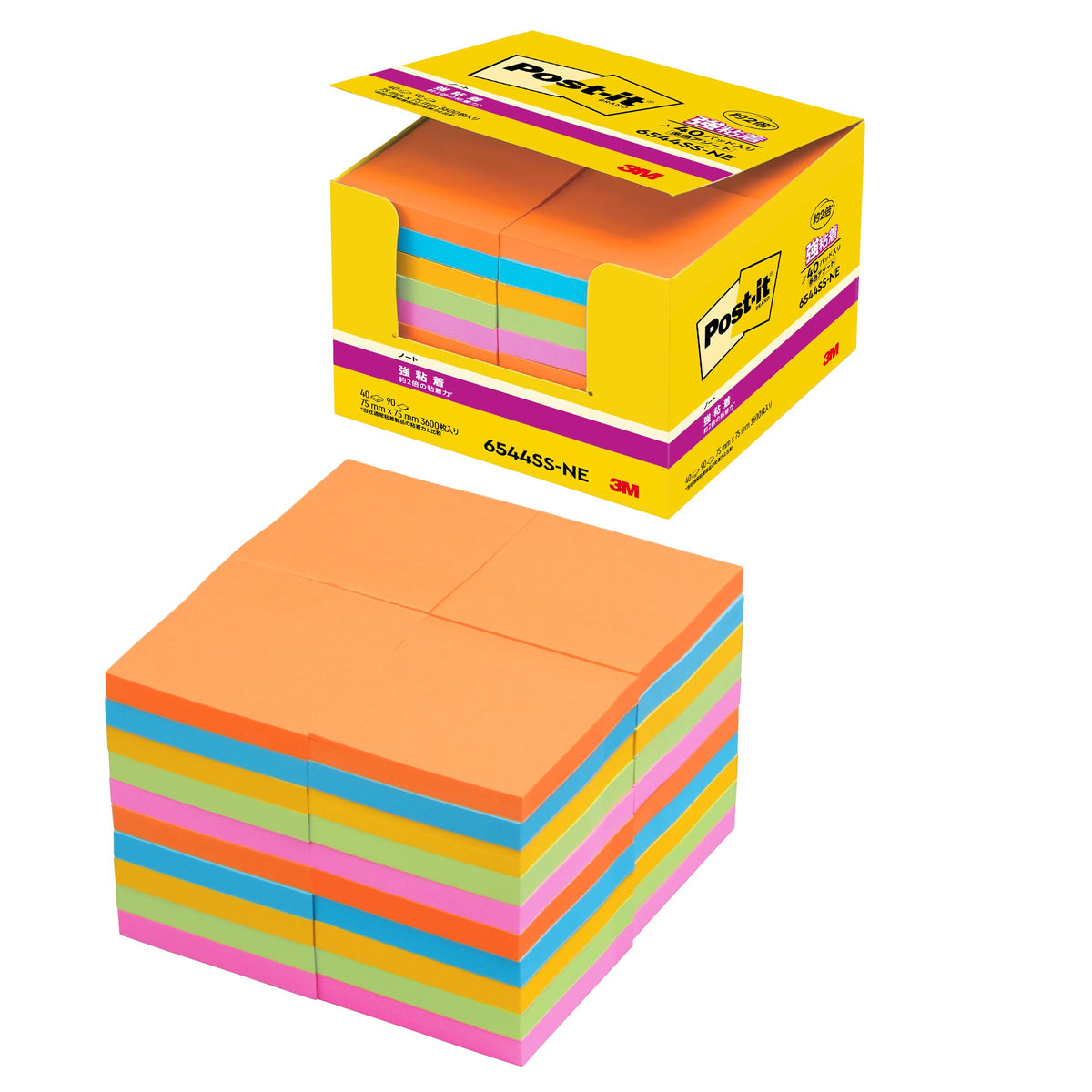 Post-it 6544SS-NE Sticky Notes, Strong Adhesive, Neon Color, 3.0 x 3.0 inches (75 x 75 mm), 90 Sheets x 40 Sheets