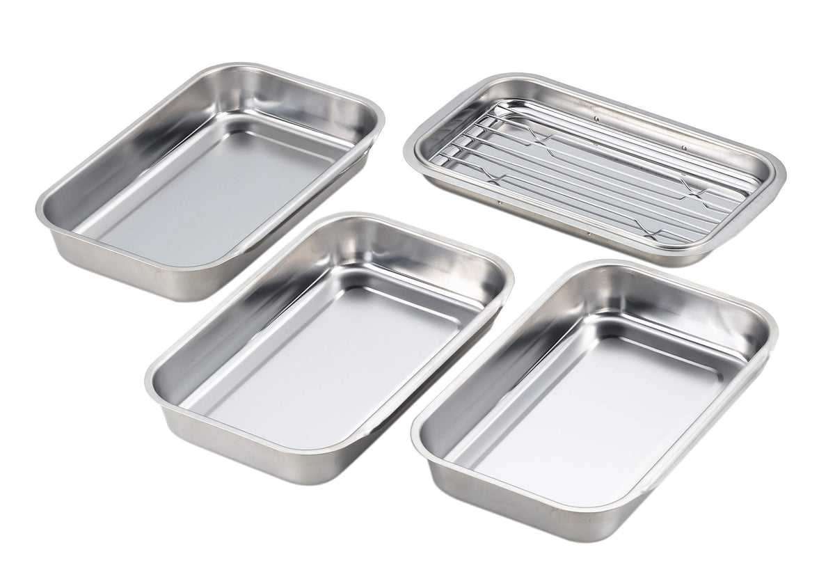 Yoshikawa SJ1076 Stainless Steel Interlocking Bat (with Lid and Line) 4-Piece Set, for Preparing Frying and Cooking, Stackable for Compact Storage, Gift Wrapping Specifications