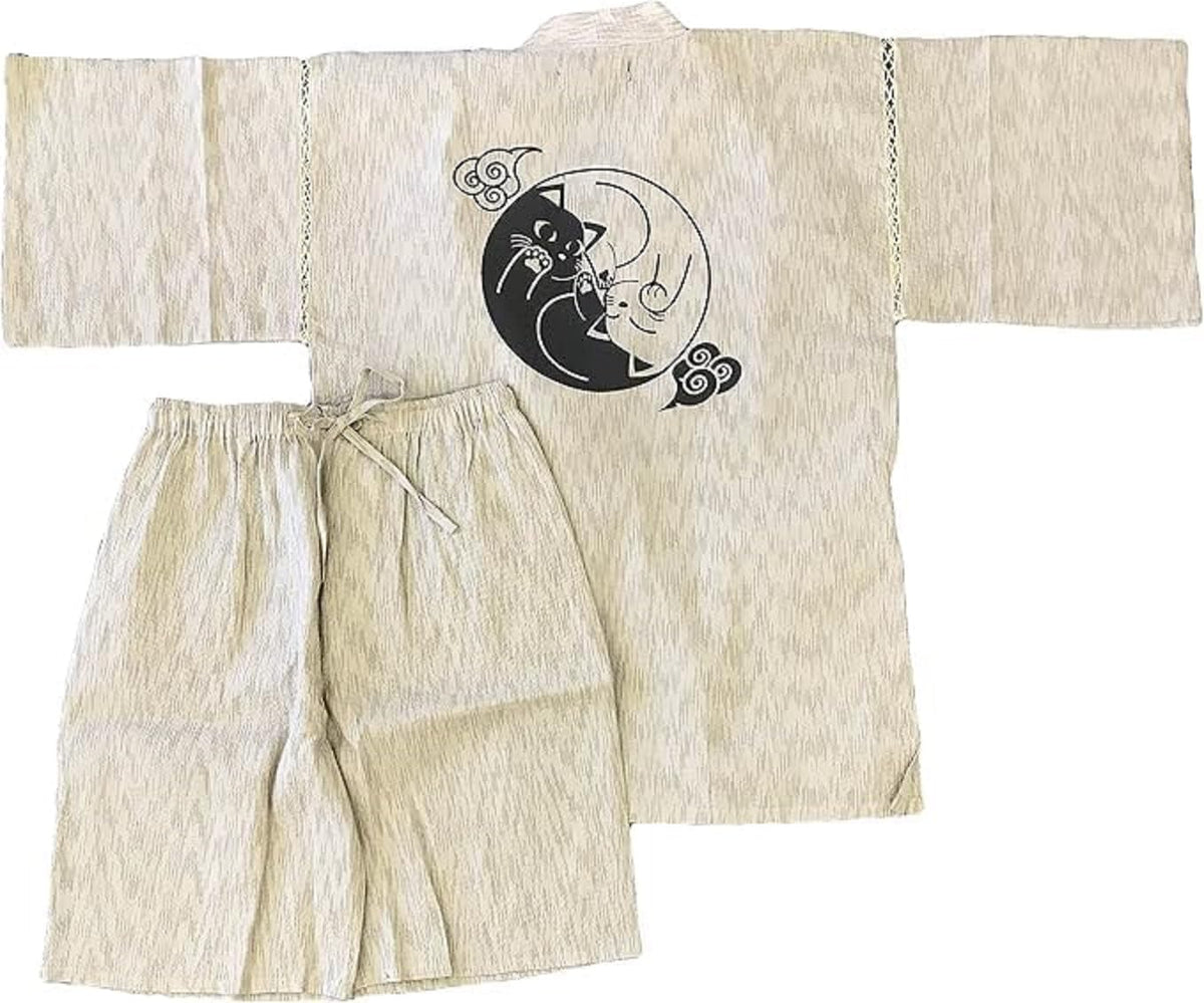 Edoten Men's Japan Kimono Shijira Original Jinbei XL. White Tomoe Cat