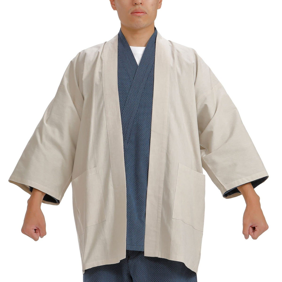 Edoten]Japanese Clothes Jacket Enshu weave Dungaree cardigan Happi coat made in Japan Beige M-L