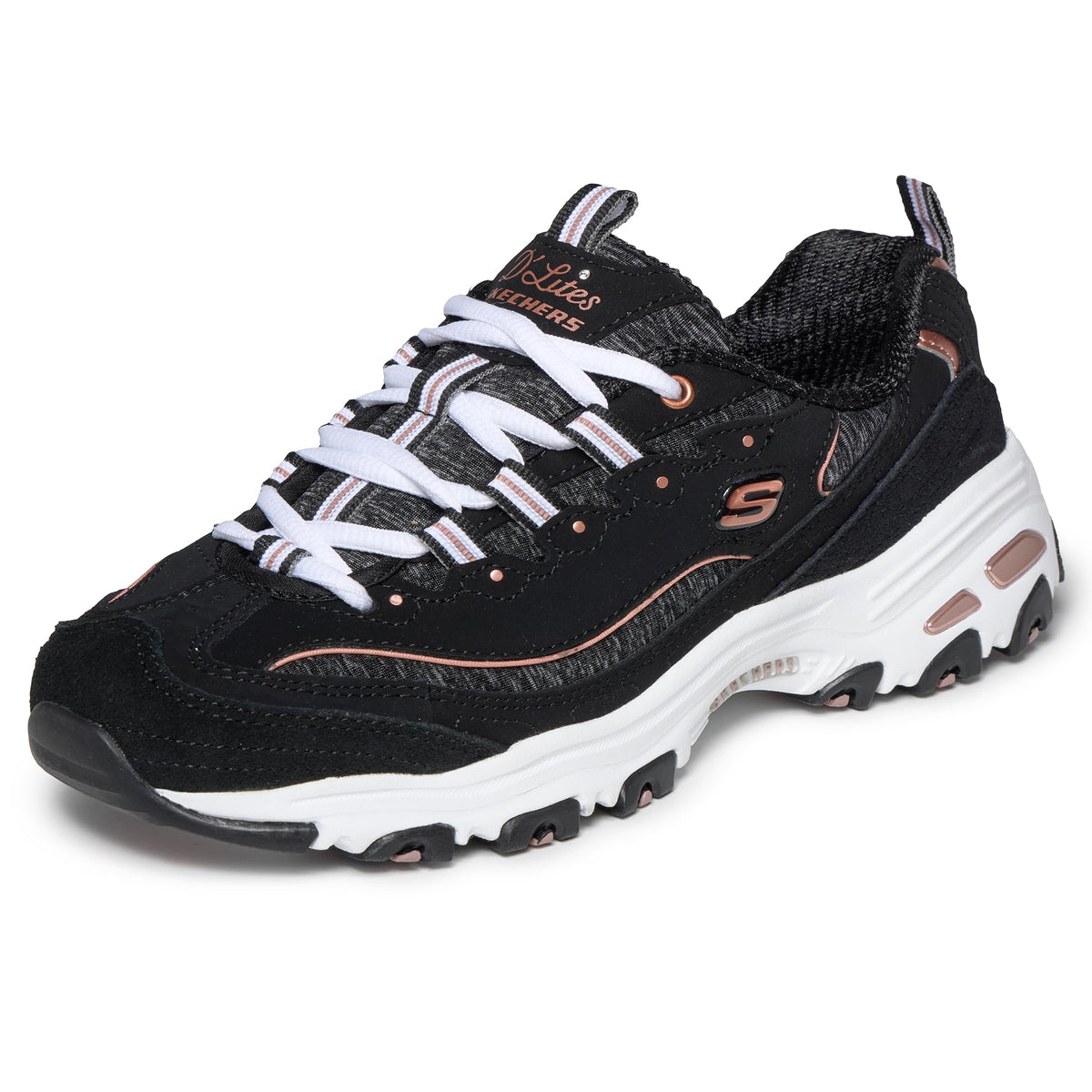 Skechers Women's D'Lites - Me Time Lace Up Fashion Sneakers, Black/Rose Gold, 10