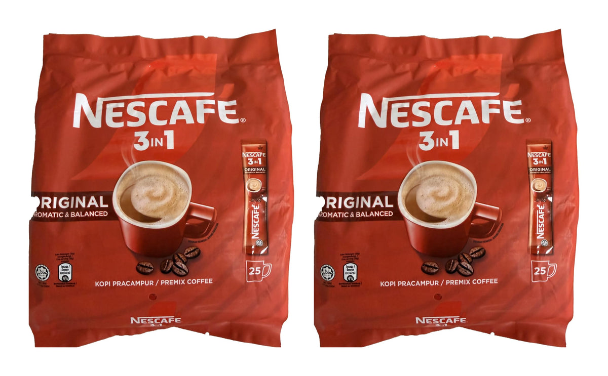 2 Packs Nescafé 3-in-1 ORIGINAL Premix Instant Coffee Single Serve Packets Total 50 Sticks