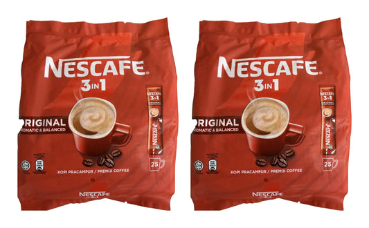2 Packs Nescafé 3-in-1 ORIGINAL Premix Instant Coffee Single Serve Packets Total 50 Sticks