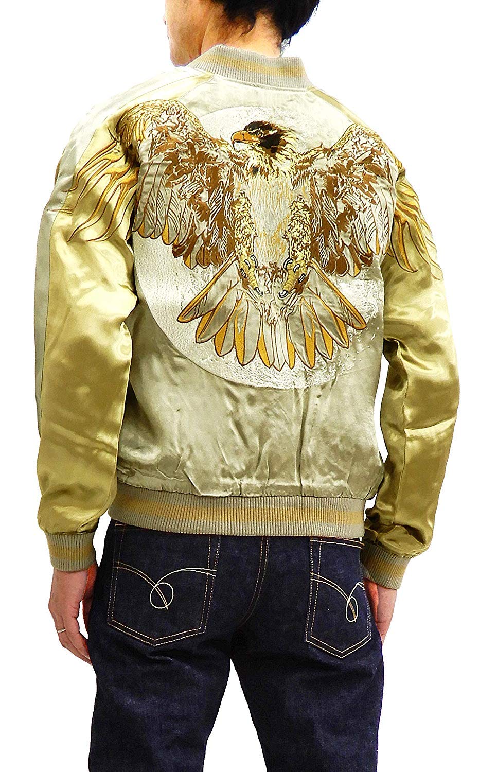 Satori Script Men's Slim Fit Japanese Souvenir Jacket Sukajan GSJR-018 Japan XXL (US XL/UK 42) Beige